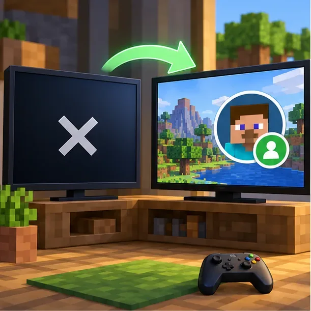 Een op Minecraft geïnspireerd spelscherm dat tijdens een herstart verandert van een gesloten scherm naar een ingelogd spelersprofiel.