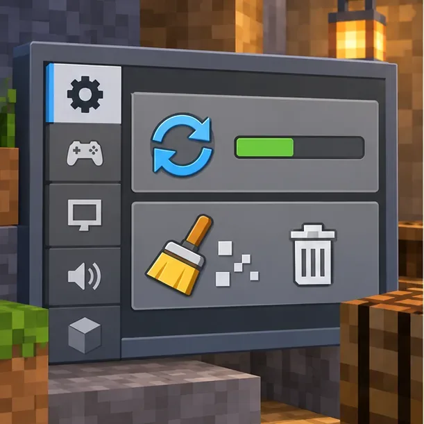 Een algemeen instellingenpaneel voor het spel met pictogrammen voor vernieuwen en opschonen, die een update en cachevernieuwing illustreren.