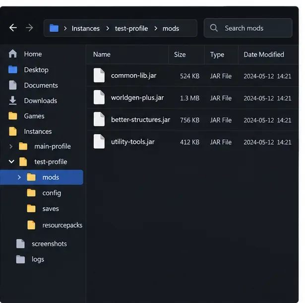 A separate test-profile mods folder containing a small set of JAR files