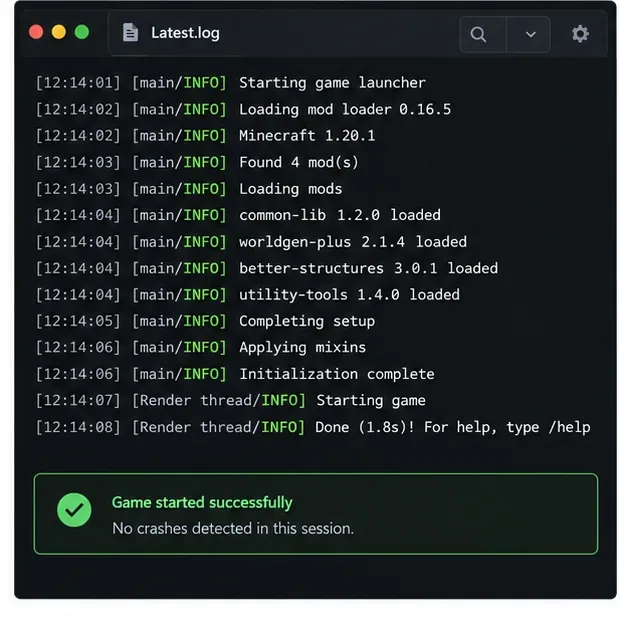 An illustrative latest.log window showing a completed startup sequence