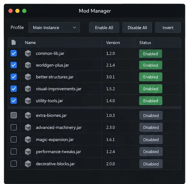 A generic mod manager with one group of mods enabled and another group disabled for an isolation test