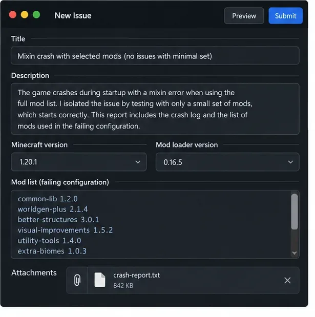 A generic issue report form with Minecraft and loader version fields, a mod list, and a crash report attachment