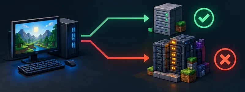 A Minecraft client connection branching to a working server and a failing modded server