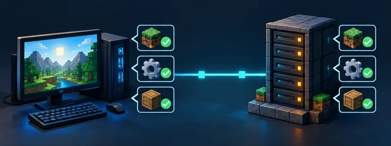A Minecraft Java client and server connected with matching mod and loader indicators