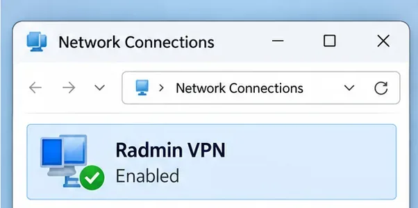 Ilustrație a conexiunilor de rețea Windows care prezintă adaptorul VPN Radmin activat.