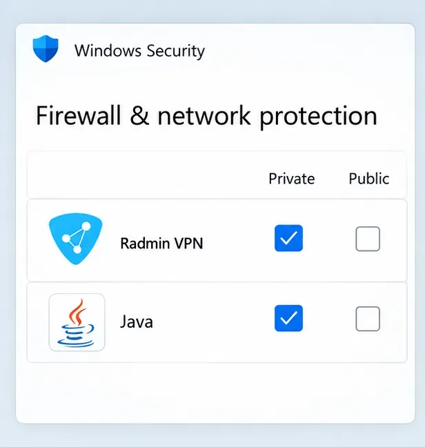 Ilustrație a firewall-ului de securitate Windows care prezintă accesul Radmin VPN și Java la profilul Privat, cu opțiunea Public nebifată.