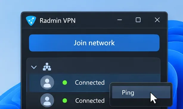 Ilustrație a meniului peer VPN Radmin cu comanda Ping evidențiată pentru un computer conectat.