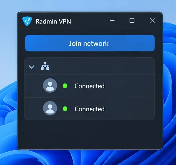 Ilustrație a interfeței VPN Radmin cu o rețea partajată și două rânduri de peer-i conectați.