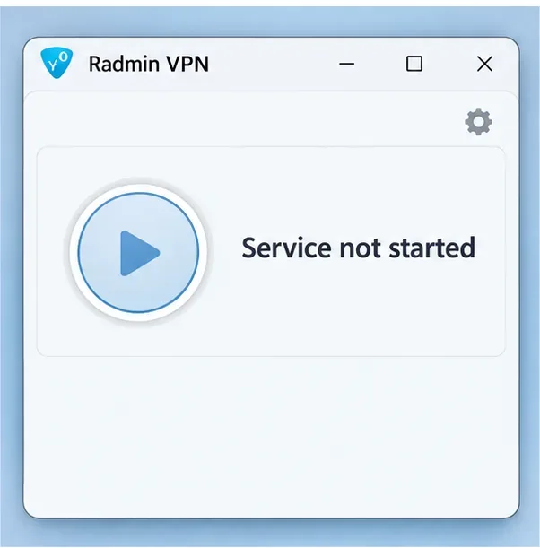 Ilustrație a ferestrei Radmin VPN care arată Serviciul nepornit lângă controlul de pornire a rundei.