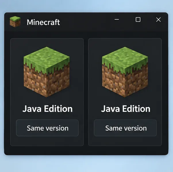 Ilustrație a două profiluri Minecraft Java Edition etichetate cu aceeași versiune.