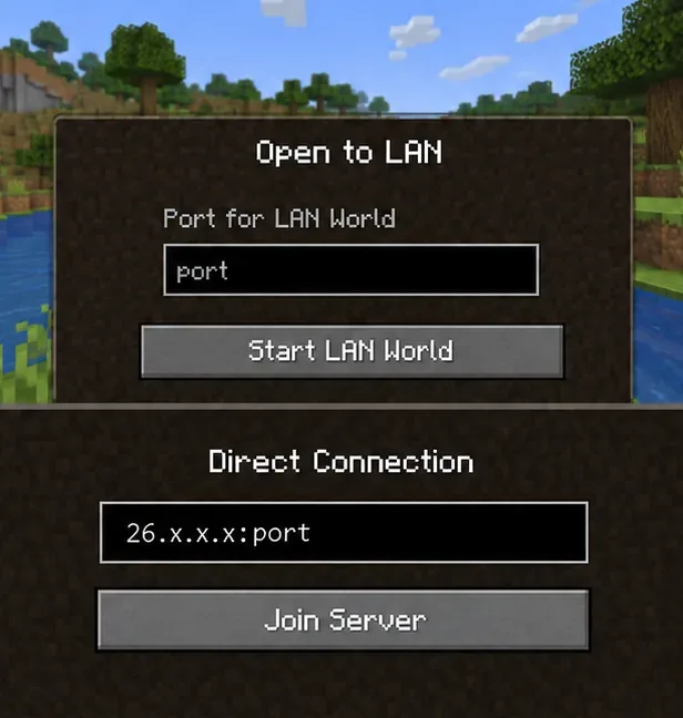Ilustrație schematică a interfeței Java Minecraft care combină Open to LAN, portul de sesiune și un câmp de adresă Direct Connection.