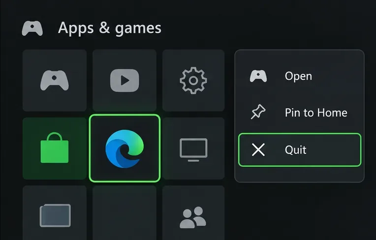 คลังแอปแบบ Xbox โดยเลือก Microsoft Edge และไฮไลต์คำสั่ง "ออกจากโปรแกรม"
