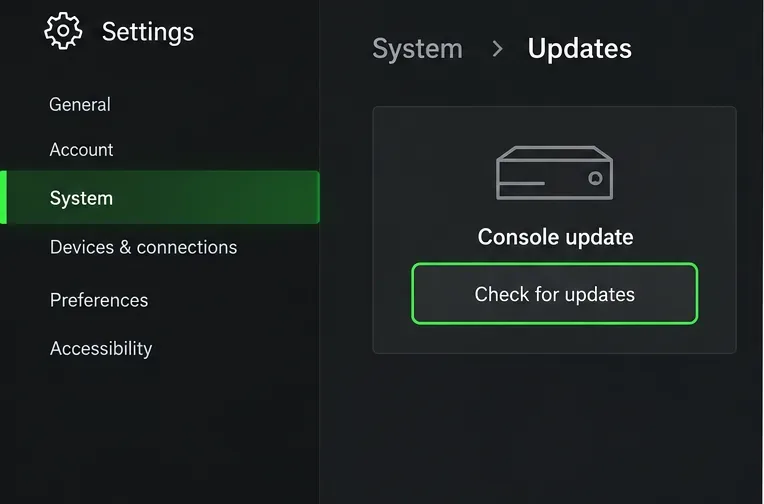 หน้าจอการตั้งค่า Xbox ที่แสดงตัวเลือก ระบบ, การอัปเดต และ ตรวจสอบการอัปเดต