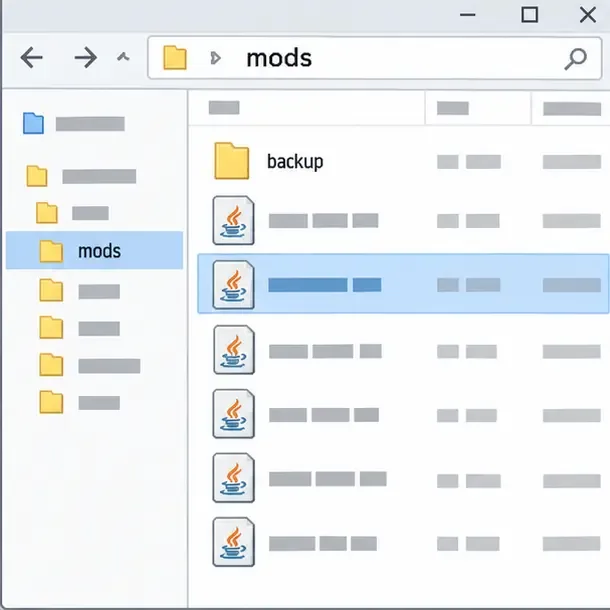 Desktop file manager open to a mods folder with one jar selected and a backup folder visible