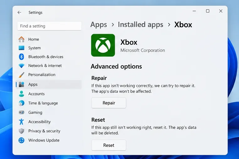De instellingenpagina van Windows 11 voor de geavanceerde opties van de Xbox-app, met de knoppen 'Repareren' en 'Resetten'.