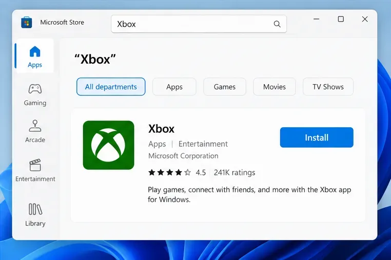Zoekresultaat in de Microsoft Store voor de Xbox-app met een knop 'Installeren'.