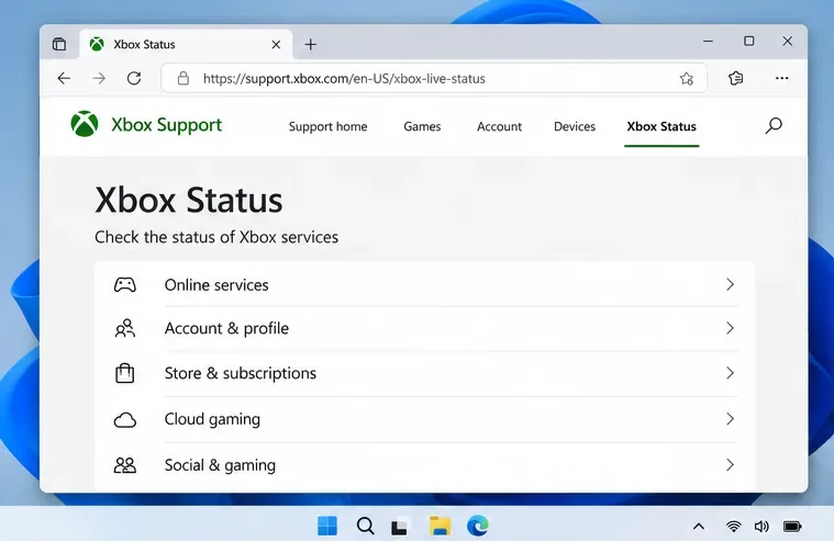 De Xbox-ondersteuningspagina toont de Xbox-status met categorieën zoals online services en account en profiel.