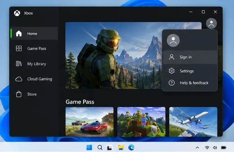 De Xbox-app is geopend in Windows en in het profielmenu wordt de optie 'Aanmelden' weergegeven.