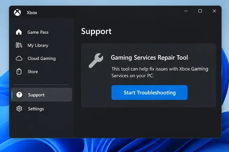 De ondersteuningspagina van de Xbox-app toont de reparatietool voor gamingservices en de optie om problemen op te lossen.