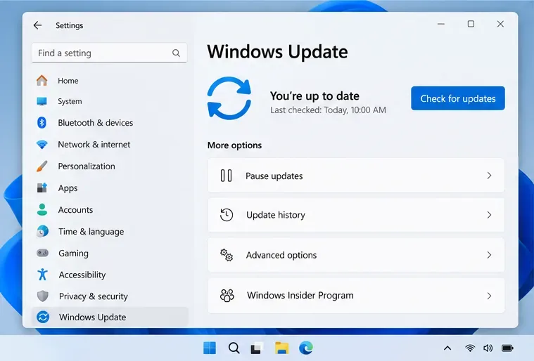 In de Windows 11-instellingen wordt Windows Update geopend, waarbij 'Controleren op updates' zichtbaar is.