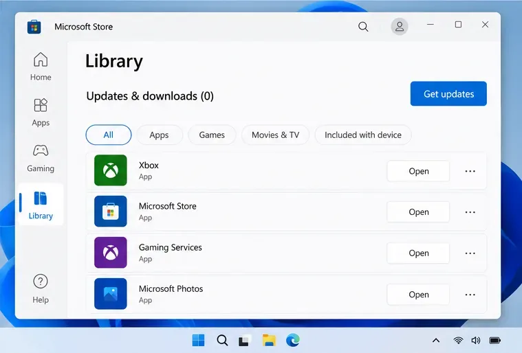 De pagina van de Microsoft Store-bibliotheek toont 'Updates ontvangen' en een vermelding van de Xbox-app.