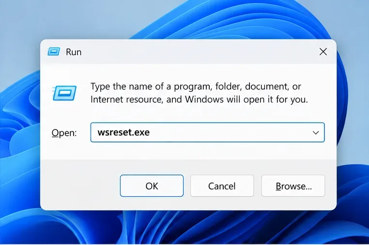 Het Windows-dialoogvenster 'Uitvoeren' wordt geopend met wsreset.exe ingevoerd in het veld 'Openen'.