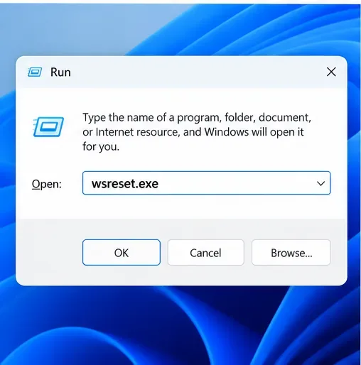 Illustratief Windows-dialoogvenster 'Uitvoeren' met wsreset.exe ingevoerd in het veld 'Openen'.
