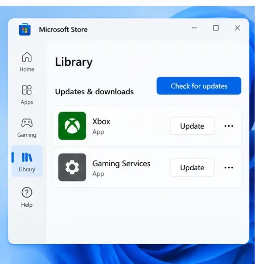 Illustratieve pagina van de Microsoft Store-bibliotheek waarop Xbox in de lijst met app-updates te zien is.