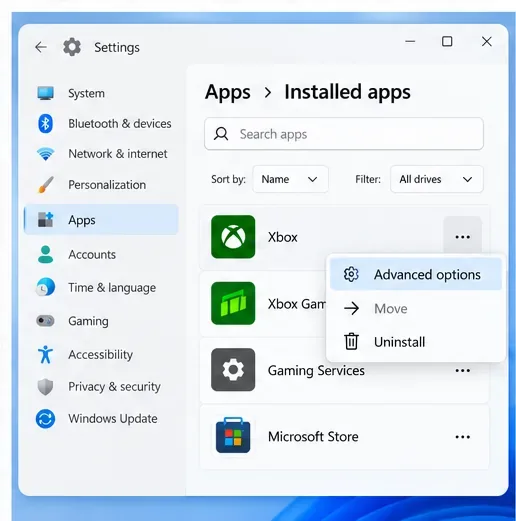 Illustratieve lijst van geïnstalleerde apps in Windows 11 met het menu 'Geavanceerde opties' van de Xbox-app geopend.