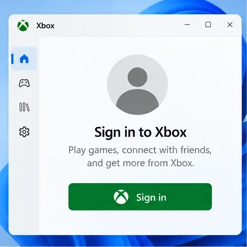 Illustratief aanmeldingsscherm van de Xbox-app met een lege profielavatar en een groene knop 'Aanmelden'.