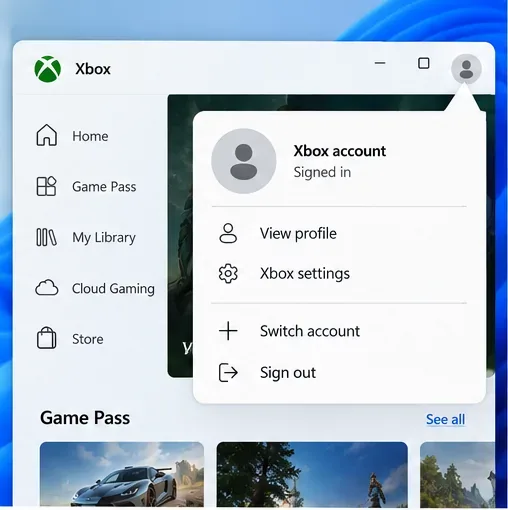 Illustratief Xbox-app-profielmenu met de opties Profiel bekijken, Account wisselen en Uitloggen.