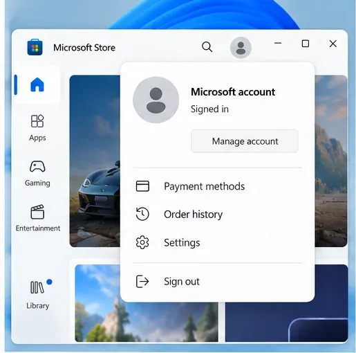 Illustratief menu van de Microsoft Store-account met het profiel van het aangemelde Microsoft-account.