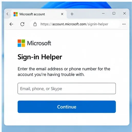 Illustratieve Microsoft Sign-in Helper-pagina met een e-mail- of telefoonnummerveld en een knop 'Doorgaan'.