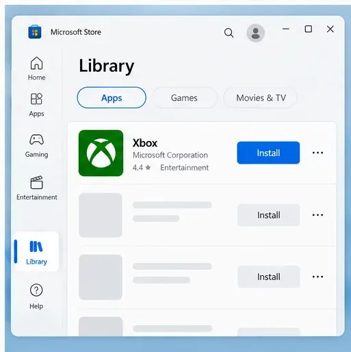 Illustratieve afbeelding van de Microsoft Store-bibliotheek met de Xbox-app en een 'Installeren'-knop.