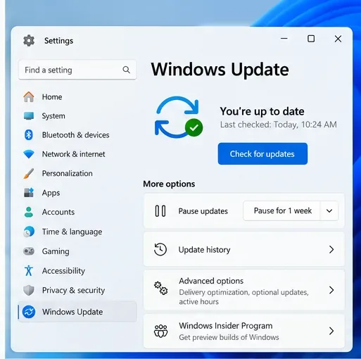 Illustratieve Windows 11 Windows Update-pagina met een knop 'Controleren op updates'.