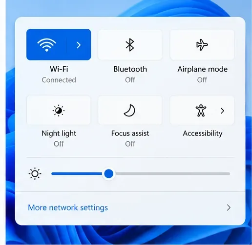 Illustratief Windows 11-paneel met snelle instellingen, waarop te zien is dat Wi-Fi is verbonden en een link naar 'Meer netwerkinstellingen' staat.