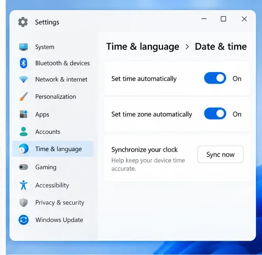 Illustratieve pagina met datum- en tijdinstellingen van Windows, waarbij automatische tijd en tijdzone zijn ingeschakeld en er een knop 'Nu synchroniseren' staat.