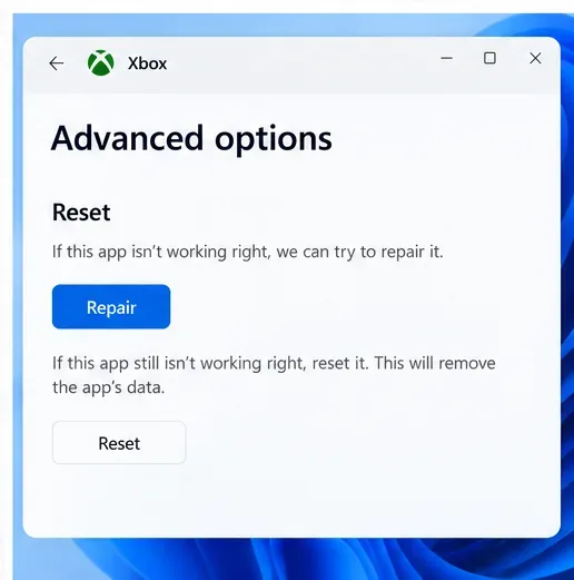 Illustratieve pagina met geavanceerde opties van de Xbox-app, inclusief de knoppen 'Repareren' en 'Resetten'. De vermelding dat 'Resetten' de app-gegevens verwijdert, is hierbij van belang.