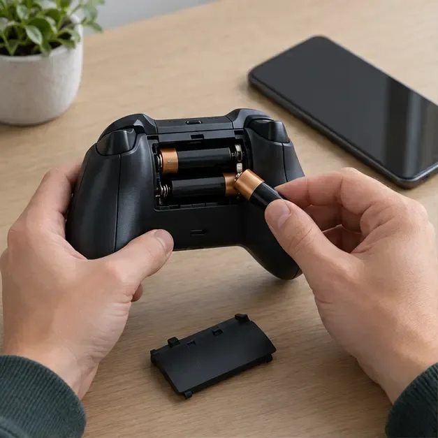 ผู้เล่นตรวจสอบช่องใส่แบตเตอรี่ AA ของจอยควบคุมไร้สาย Xbox ที่วางอยู่ข้างโทรศัพท์ Android