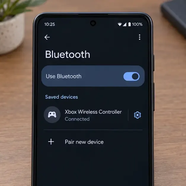 การตั้งค่าบลูทูธของ Android แสดงรายการคอนโทรลเลอร์ไร้สาย Xbox ที่บันทึกไว้พร้อมไอคอนรูปเฟืองการตั้งค่า