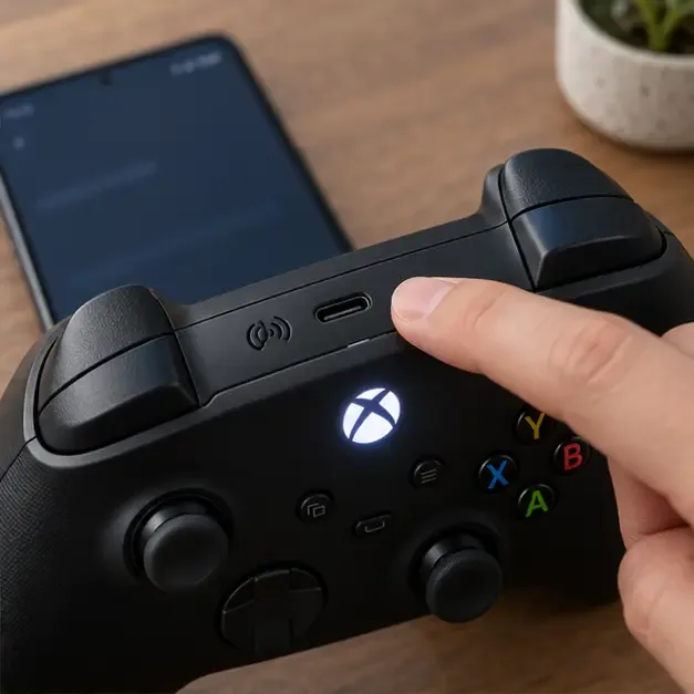 มือข้างหนึ่งกดปุ่มจับคู่ (Pair) ที่ขอบด้านบนของคอนโทรลเลอร์ไร้สาย Xbox