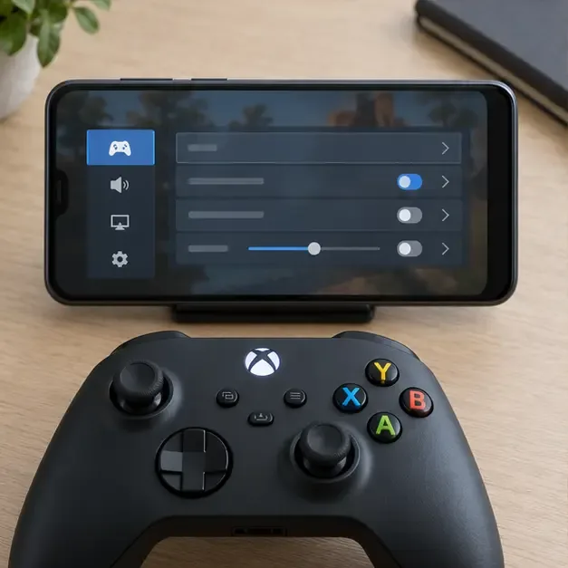 โทรศัพท์ Android ในแนวนอนแสดงเมนูการตั้งค่าคอนโทรลเลอร์ทั่วไป โดยมีคอนโทรลเลอร์ Xbox อยู่ด้านหน้า