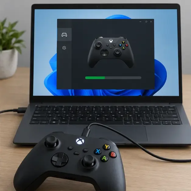 จอย Xbox เชื่อมต่อผ่านสาย USB กับแล็ปท็อป Windows ที่แสดงหน้าจออัปเดตจอย