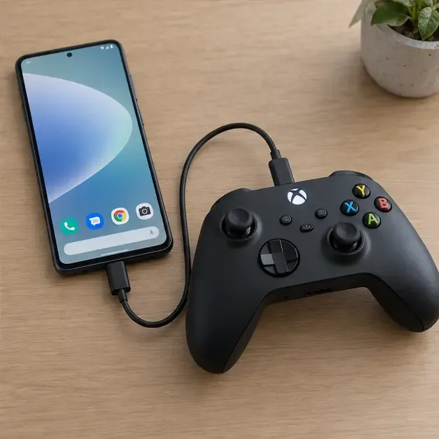 สาย USB-C ใช้เชื่อมต่อคอนโทรลเลอร์ไร้สาย Xbox กับโทรศัพท์ Android เพื่อทดสอบการป้อนข้อมูลแบบมีสาย