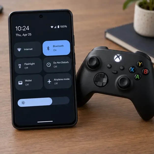 โทรศัพท์ Android แสดงสถานะบลูทูธเปิดใช้งานอยู่ข้างๆ คอนโทรลเลอร์ไร้สาย Xbox