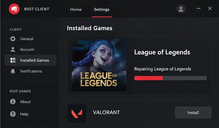 Tela de reparo do cliente Riot com o League of Legends marcado como em reparo e uma barra de progresso.