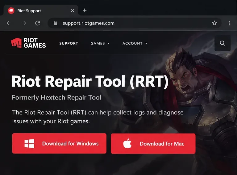 Página de suporte da Riot para a Ferramenta de Reparo da Riot com botões de download para Windows e Mac.