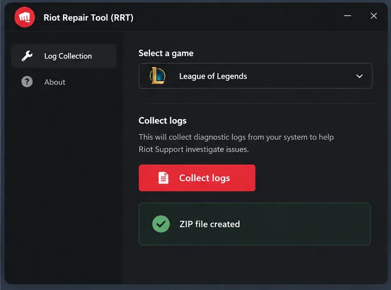 Ferramenta de reparo da Riot com League of Legends selecionado, botão "Coletar registros" e status de arquivo ZIP criado.