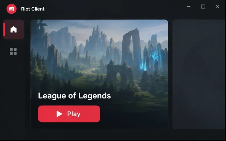 Janela inicial do Riot Client com o ícone do League of Legends e o botão Jogar.