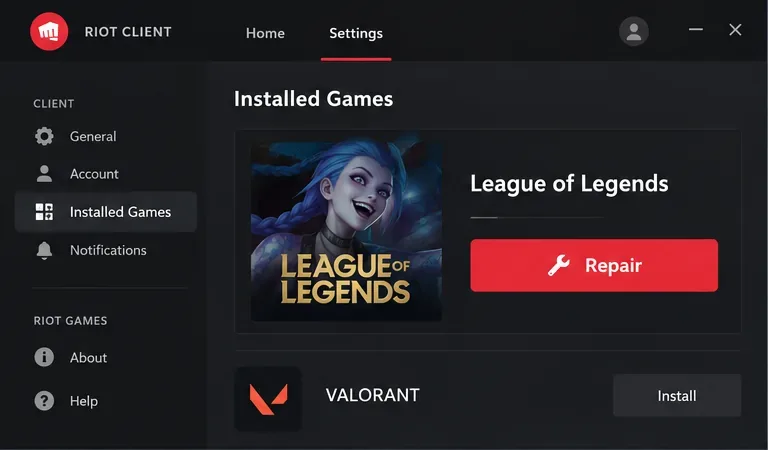 Página de configurações do cliente Riot mostrando o League of Legends e seu botão de reparo.